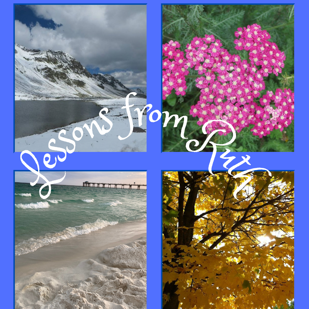 Four personal photographs representing the seasons: a snowy mountain landscape, pink spring flowers, a summer beach, and golden autumn leaves, with “Lessons in Ruth” across the center