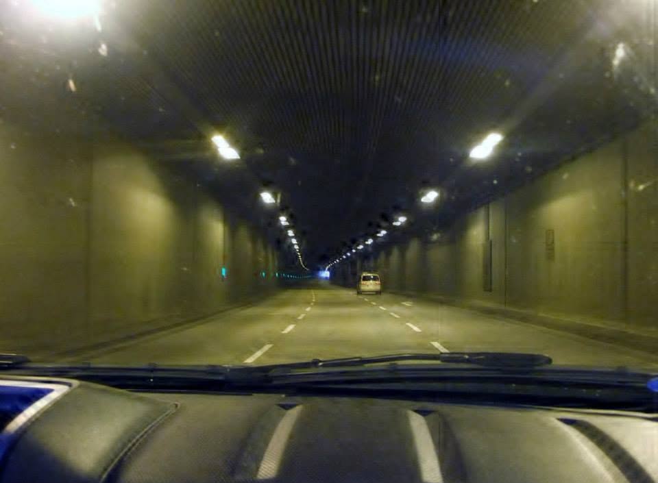 View through the windshield while driving through a tunnel near Cologne, Germany
