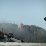 Fog over the wooded hillside viewed from our temporary housing in Germany