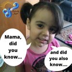 Young girl looking at the camera with speech bubbles representing her frequent “Mama, did you know...” conversations