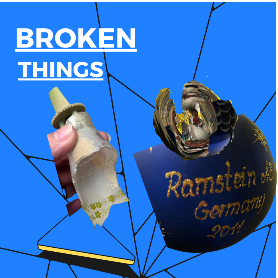 Collage showing two broken keepsakes: a damaged decorative piece and a shattered hand-painted Christmas ornament from Ramstein, Germany, dated 2011.