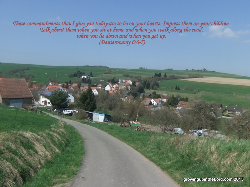 Winding road descending toward a German village surrounded by rolling green fields