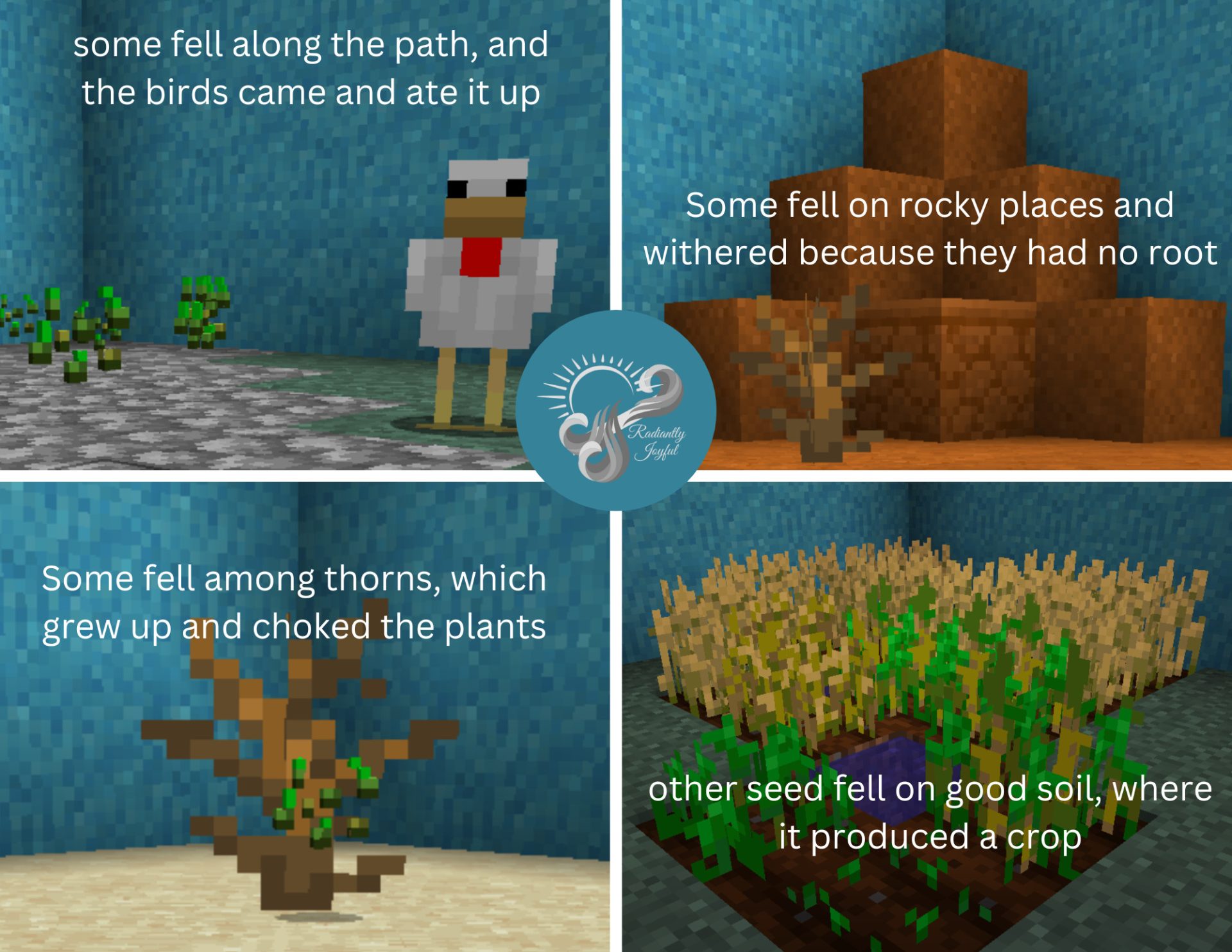 Dietrich's 2022 LTC artwork illustrating the parable of the sower with seeds along the path, on rocky ground, among thorns, and in good soil.