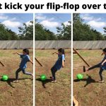Girl kicking a soccer ball in a series of photos recreating the moment she accidentally kicked her flip-flop over the fence.
