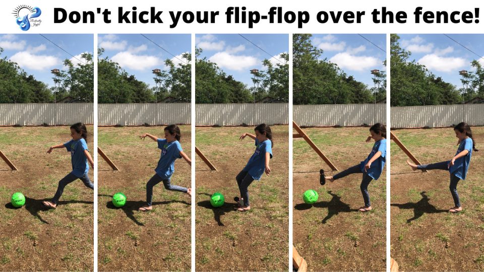 Girl kicking a soccer ball in a series of photos recreating the moment she accidentally kicked her flip-flop over the fence.