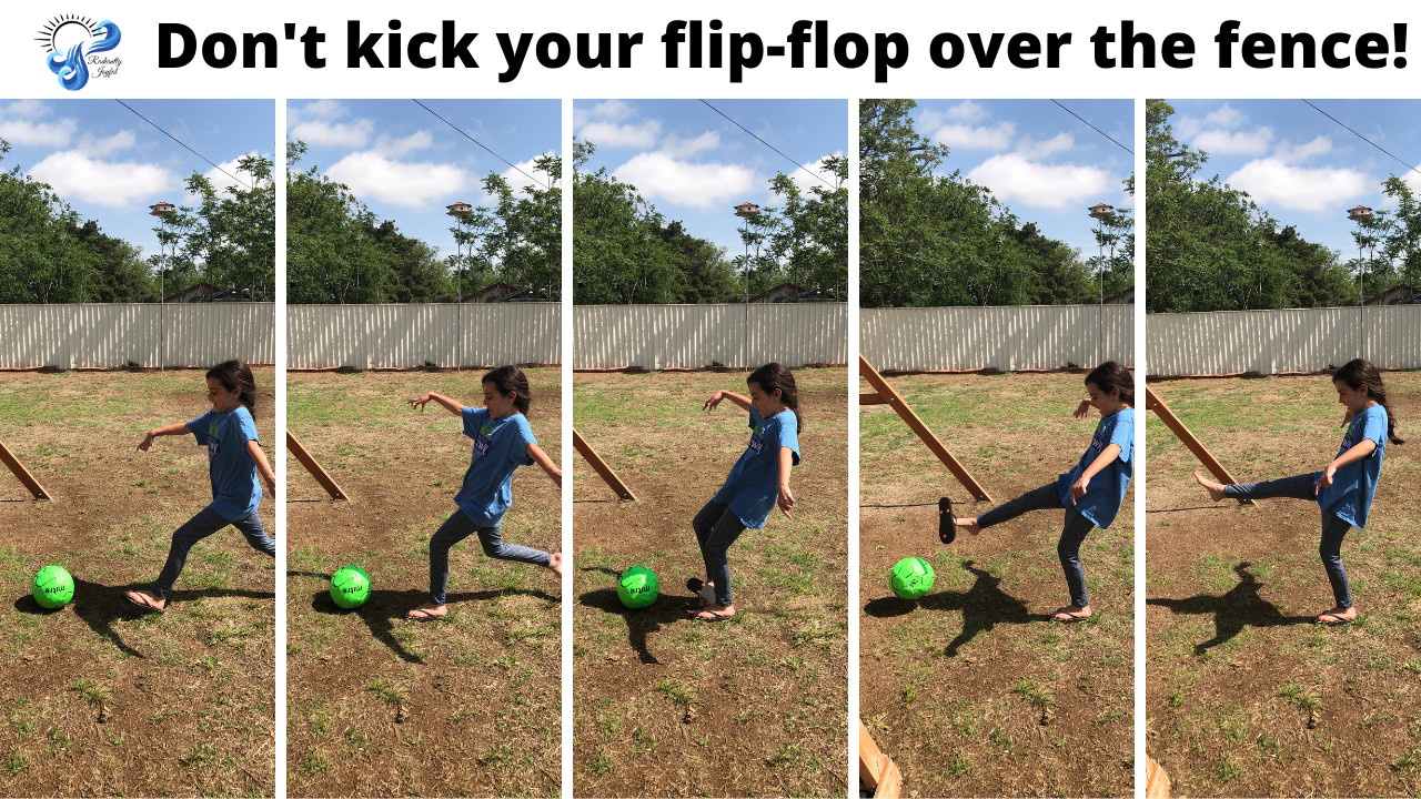 Girl kicking a soccer ball in a series of photos recreating the moment she accidentally kicked her flip-flop over the fence.