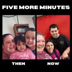 Side-by-side photos of a mother with her two children when they were young and again nearly ten years later, showing the passage of time together.