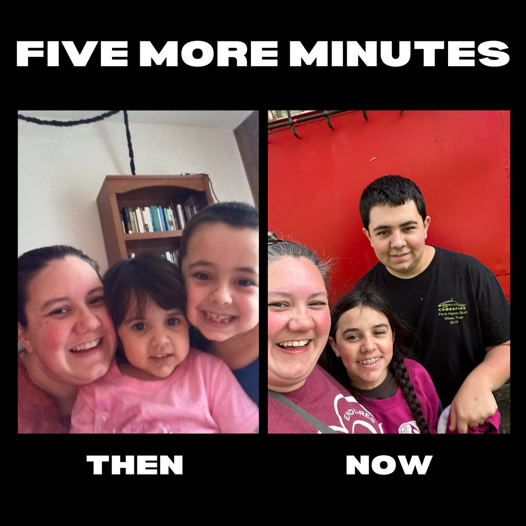 Side-by-side photos of a mother with her two children when they were young and again nearly ten years later, showing the passage of time together.
