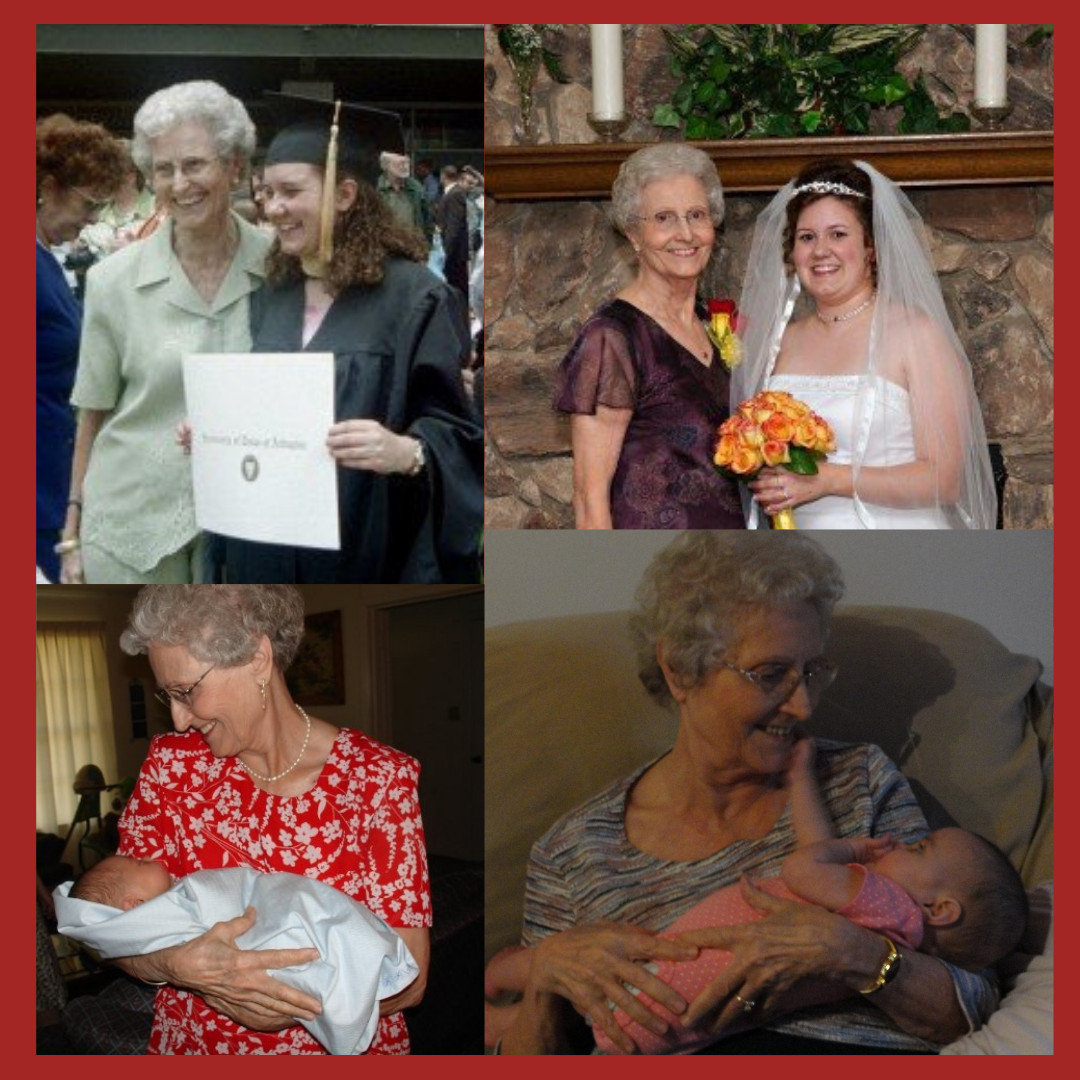 Collage of photos of Grandmama with her granddaughter at graduation and her wedding, along with family moments throughout the years