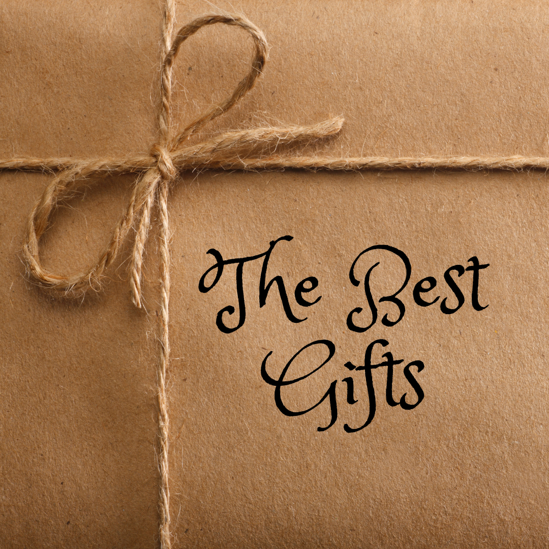 Brown-paper package tied with twine with the words “The Best Gifts.”
