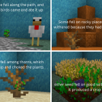 Dietrich's 2022 LTC artwork illustrating the parable of the sower with seeds along the path, on rocky ground, among thorns, and in good soil.