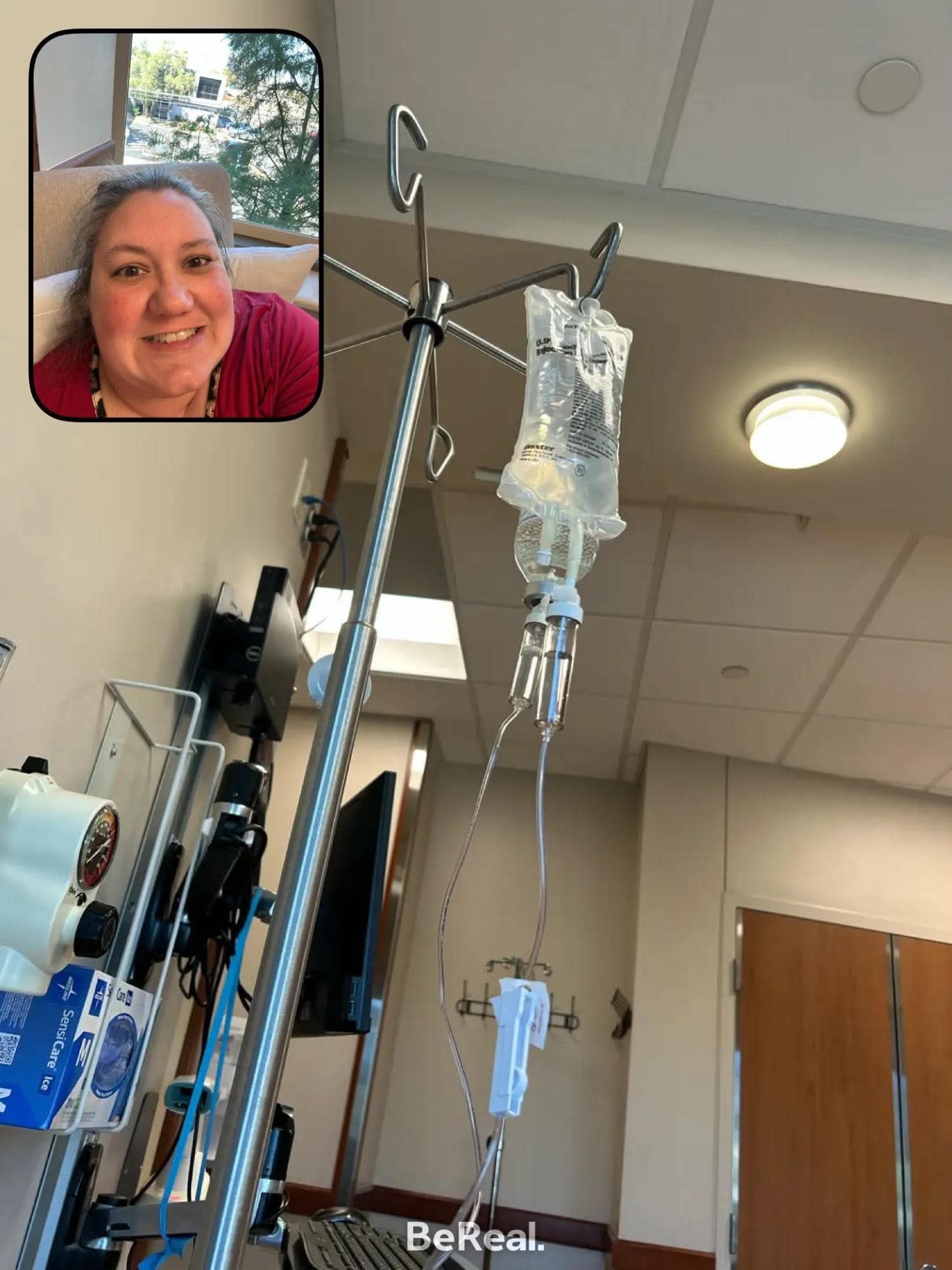 IVIG infusion bag and tubing during treatment, with an inset selfie from the infusion chair.