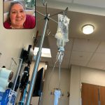 IVIG infusion bag and tubing during treatment, with an inset selfie from the infusion chair.