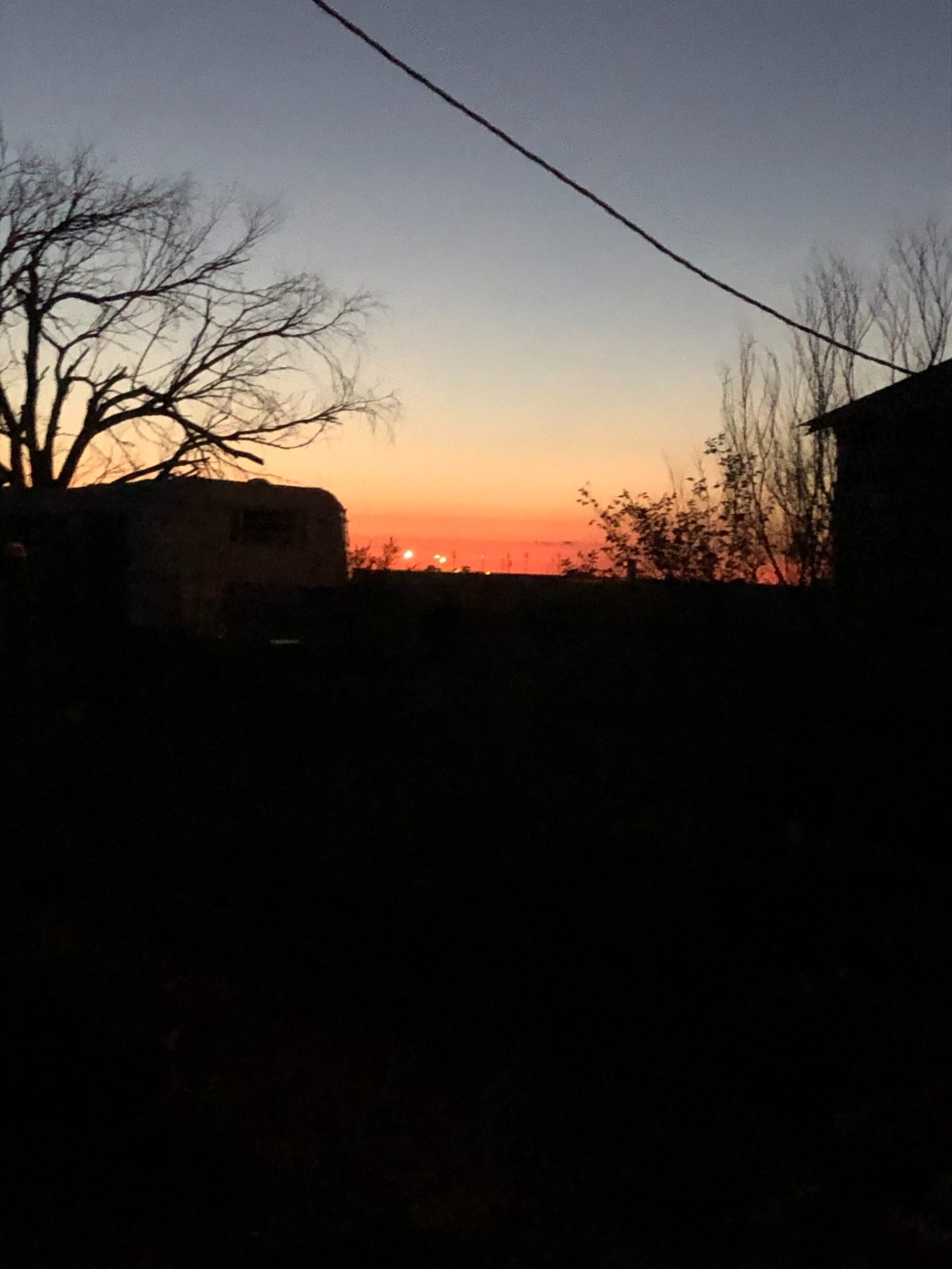 Sunset glowing orange beneath a fading sky, seen beyond dark silhouettes of trees and buildings.