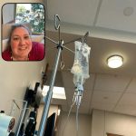 IVIG infusion bag and tubing during treatment, with an inset selfie from the infusion chair.