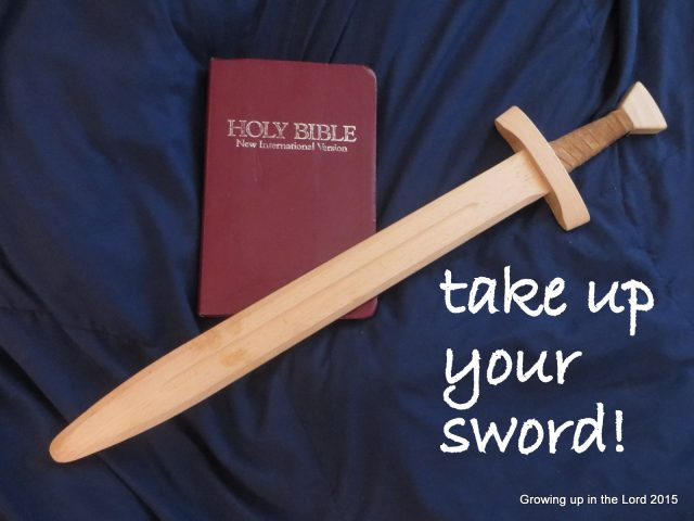 A wooden sword lies diagonally across a burgundy NIV Bible on dark blue fabric. White text beside it reads, “take up your sword!”