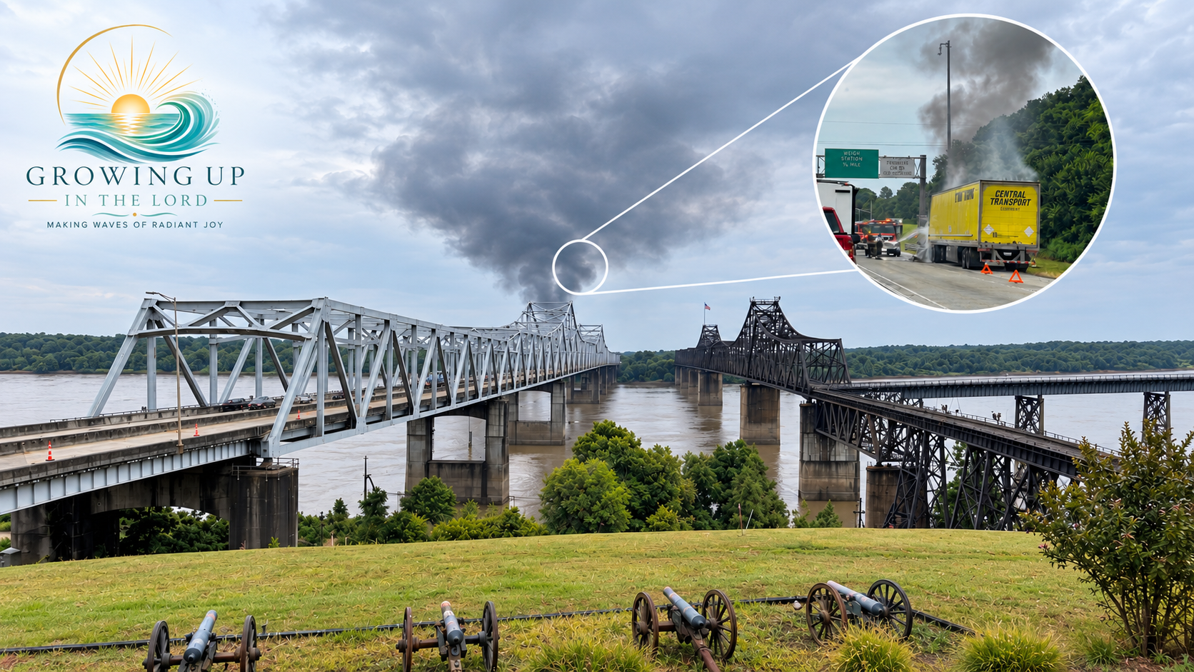 Two bridges crossing the Mississippi River at Vicksburg, Mississippi, with the older railroad bridge beside the newer highway bridge and smoke rising in the distance.