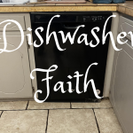 Dishwasher installed crookedly beneath a kitchen counter, illustrating a frustrating home repair that became a lesson in patience and gratitude.