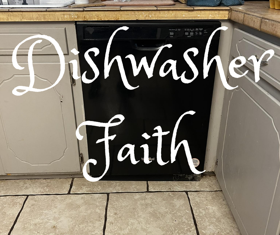 Dishwasher installed crookedly beneath a kitchen counter, illustrating a frustrating home repair that became a lesson in patience and gratitude.