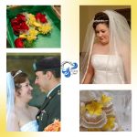 Wedding collage featuring the bride and groom, bridal portrait, bouquet, and wedding cupcakes.